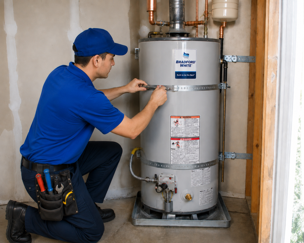 plumber installing a Bradford White water heater